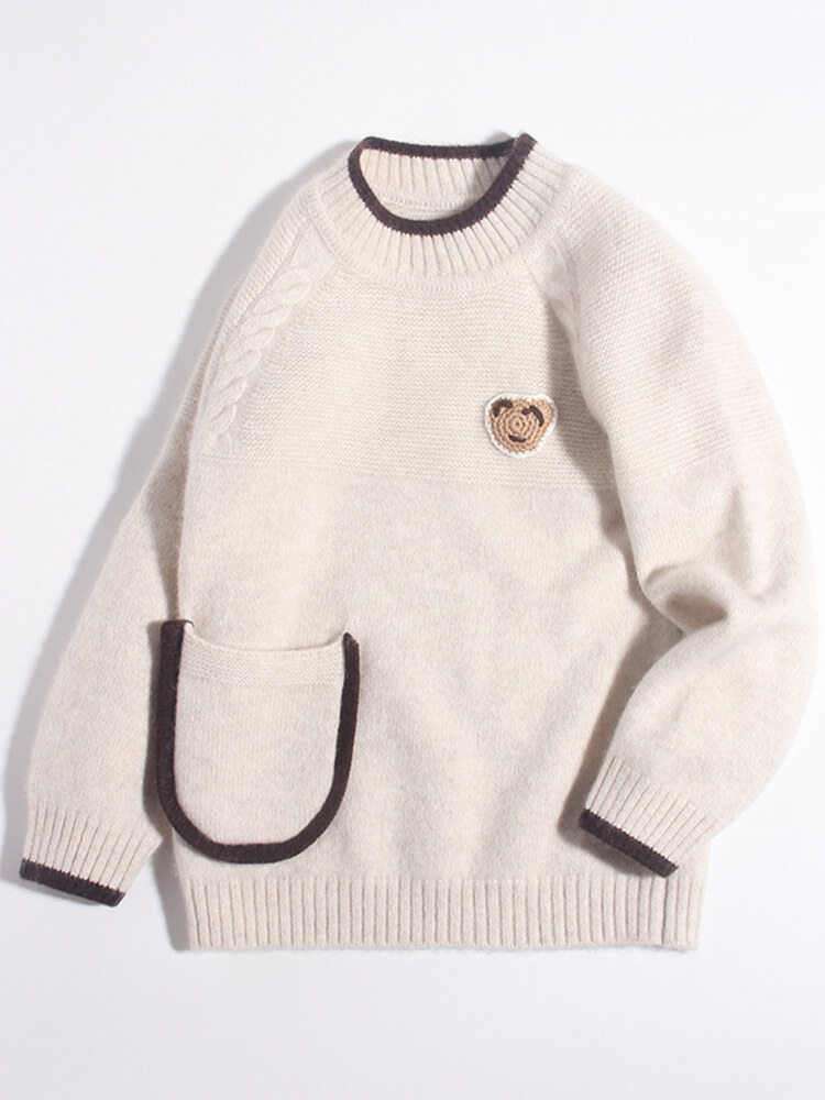 Kids Ivory Cashmere Sweater with Bear Patch and Pocket